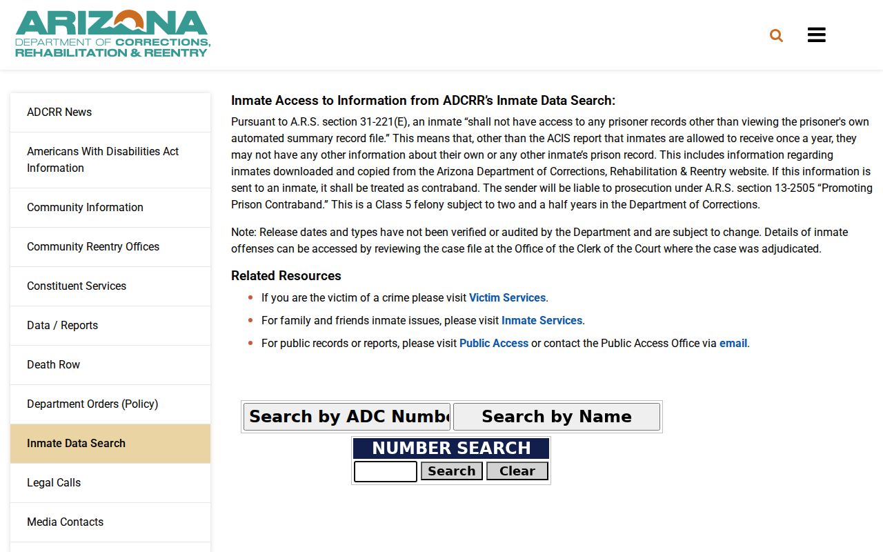 Gila County arrest lookup through ADCRR state inmate search