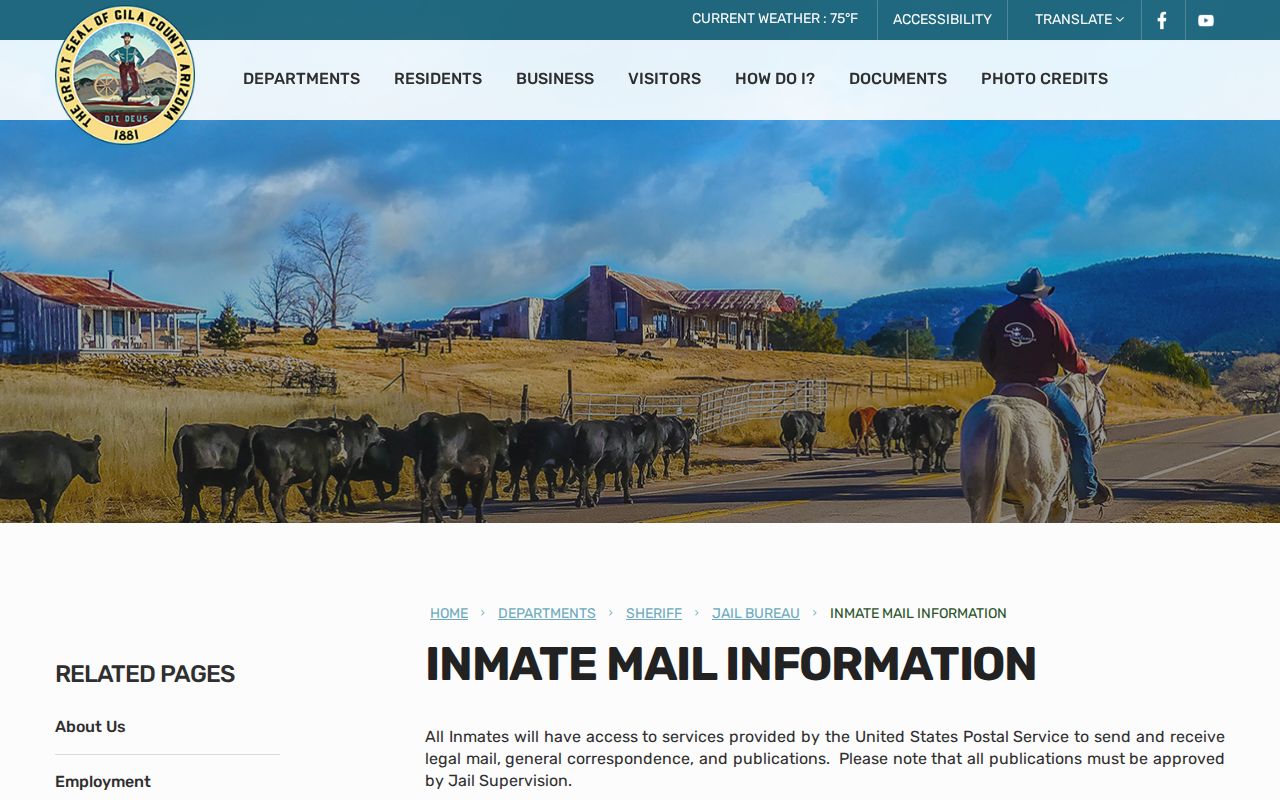 Gila County arrest custody inmate mail information