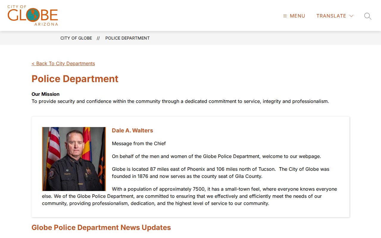 Official Globe Police Department contact page for city criminal records