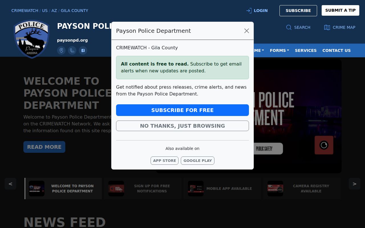 Payson Police CRIMEWATCH public portal showing local safety and record channels