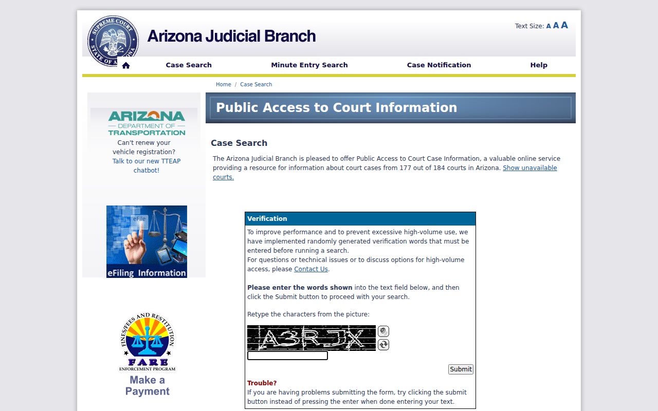 Gila County criminal court case search in Arizona Public Access
